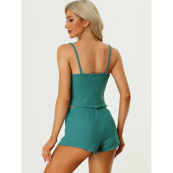 Lounge Pajamas Cami Tops with Shorts Sleepwear Knit Camisole Sets Peacock Green - Picture 3 of 5
